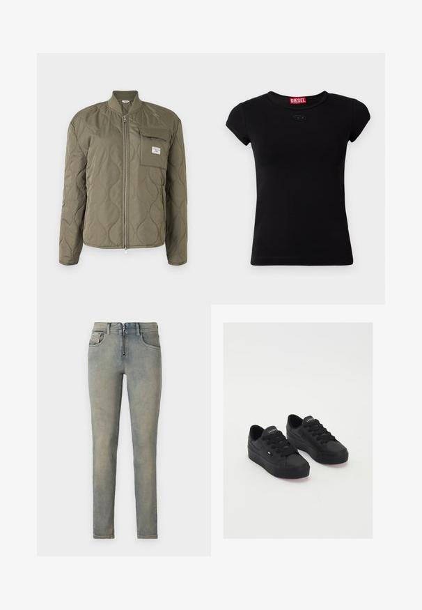 Olivengrøn quiltet jakke med frontlynlås, ribbet krave og brystlomme med klap og mærkeetiket.; Sort kortærmet t-shirt lavet af bomuld. Har en rund halsudskæring og et lille præget logo på forsiden. Glat tekstur.; Tætsiddende jeans i lys blå denim, med en frontlynlås, fem lommer og en slidt vask med subtile farvevariationer.; Sorte lavtop sneakers lavet af glat materiale, med tykke snørebånd, en struktureret sål og et lille logo på siden og tungen.