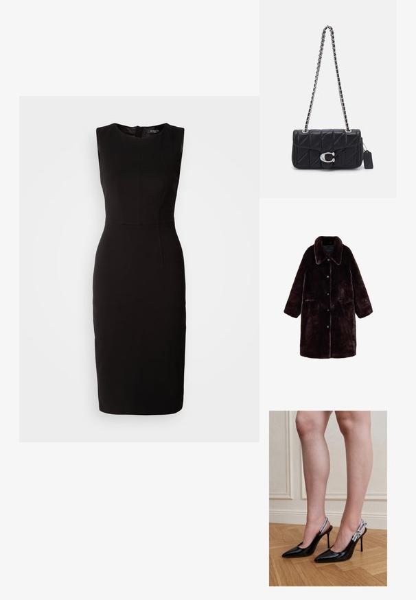 Manteau en fausse fourrure marron foncé, avec un col cranté, une fermeture à boutons, deux poches latérales et une surface douce et texturée.; MARCIANO BY GUESS ZIP MIDI DRESS - Robe en jersey - black; Femme portant des escarpins slingback en cuir verni noir avec des brides blanches marquées, debout sur un sol en bois.; COACH QUILTED TABBY SHOULDER WITH CHAIN - Sac à main - black