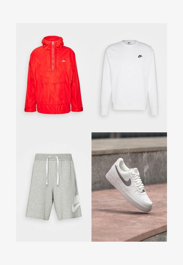 Rode Nike windbreaker jas met capuchon, half-rits voorkant, grote voorkeurszak met klep en verstelbare manchetten.; Witte sweatshirt van katoen met lange mouwen, ronde halslijn en zwart Nike-logo op de linker borst. Zachte textuur met ribbeen manchetten.; Grijze katoenen shorts met een elastische tailleband, witte trekkoorden en een groot wit Nike-logo op het linkerbeen.; Witte Nike Air Force 1 sneaker met grijs swoosh-logo zwevend boven een stenen oppervlak en een grijze stenen muur op de achtergrond.