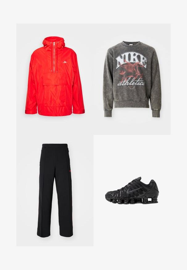 Červená vetrovka Nike s kapucňou, polovičný zips vpredu, veľká predná vrecko s klopou a nastaviteľné manžety.; Sivý crewneck sveter s vyblednutým, textúrovaným povrchom. Výrazné červené logo Nike a atletická grafika na prednej strane. Dlhé rukávy a rebrované manžety.; Čierne tepláky so voľným strihom, ktoré majú červené akcenty a vrecká po stranách. Materiál vyzerá mäkko a má hladkú textúru.; Čierne športové topánky vyrobené zo sieťoviny a syntetických materiálov, s výrazným vlnitým dizajnom, čiernou gumovou podrážkou a reflexnými prvkami.