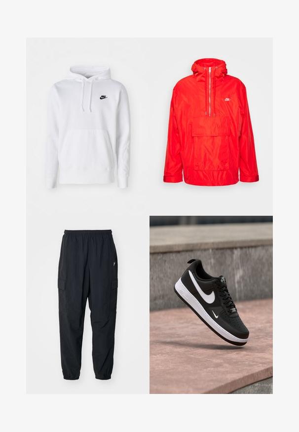 Rød Nike vindjakke med hætte, halv lynlås foran, stor forlomme med flap og justerbare manchetter.; Hvid hættetrøje lavet af bomuldsblanding med snøre i hætten, frontlomme med kangaroo, ribbede manchetter og et lille sort Nike-logo på brystet.; Sorte cargo-bukser lavet af letvægtsmateriale, der har en elastisk talje, sidelommer og en afslappet pasform med elastiske manchetter.; Sort-hvid Nike Air Force 1 sneaker svævende over en lyserød betonflade med en grå stenbaggrund.