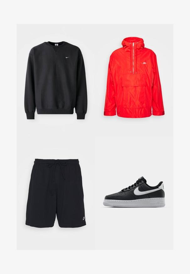 Chaqueta cortavientos roja de Nike con capucha, cierre semi-cremalleras en la parte delantera, gran bolsillo frontal con solapa y puños ajustables.; Sudadera negra de Nike con cuello redondo y mangas largas, con el icónico logo de swoosh en blanco en el pecho.; Pantalones cortos deportivos negros, hechos de una tela suave, con cintura elástica, cordón y un pequeño logo impreso en la parte inferior de la pierna izquierda.; Zapatilla negra de cuero con superficie texturizada, logo de Nike en blanco, suela gris, puntera redonda y diseño de encaje. Presenta perforaciones en la puntera.