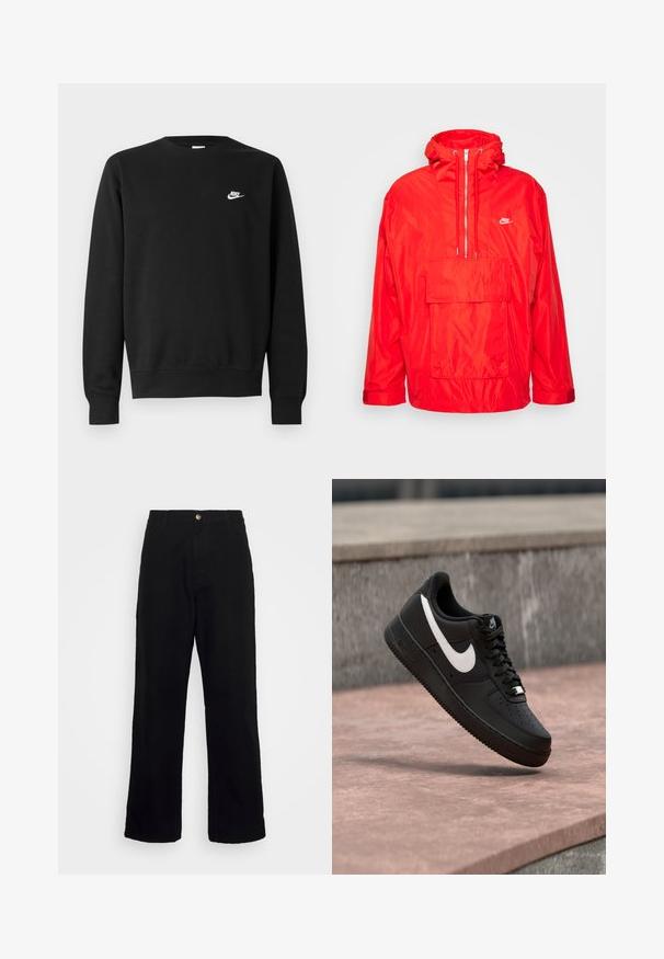 Punane Nike vihmamantel kapuutsiga, pooltõmblukuga esiosa, suur esikott flapi ja reguleeritavate mansettidega.; Mustast puuvillast dressipluus, millel on ümar kaelus, pikad varrukad ja väike valge Nike logo paremal ülakõhul.; Mustadest kangast püksid, millel on sirge jala disain, ees taskud, lukuga avamine ja ühe metallist nupuga kinnitamine.; Mustad Nike Air Force 1 tossud, millel on valge Swooshi logo, hõljuvad kivipinna kohal ja taustal on hall tekstuuriga sein.