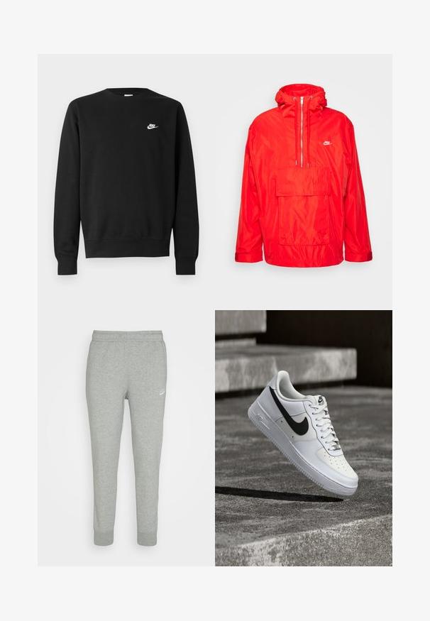 Chaqueta cortavientos roja de Nike con capucha, cierre semi-cremalleras en la parte delantera, gran bolsillo frontal con solapa y puños ajustables.; Sudadera negra de algodón, con cuello redondo, mangas largas y un pequeño logo blanco de Nike en el pecho superior izquierdo.; Pantalones de chándal grises hechos de una tela suave, con un diseño de pierna ajustada, cinturilla elástica y pequeño logo blanco de Nike en el muslo izquierdo.; Zapatilla blanca Nike Air Force 1 con el logo Swoosh negro, cordones atados, posicionada en el aire sobre una superficie de concreto texturizado al aire libre.