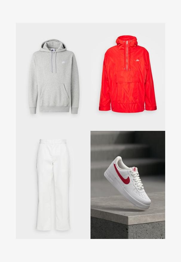 Rode Nike windbreaker jas met capuchon, half-rits voorkant, grote voorkeurszak met klep en verstelbare manchetten.; Lichtgrijze hoodie van zachte stof, met een buidelzak, capuchon met trekkoord en een klein wit logo op de borst.; Witte katoenen broek met een recht model, riemlussen en zijzakken, met een gladde textuur en minimale detaillering.; Witte Nike Air Force 1 sneaker met rood swoosh-logo zwevend boven een betonnen rand en trappen op de achtergrond.