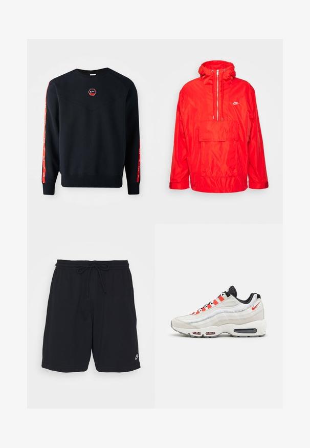 Chaqueta cortavientos roja de Nike con capucha, cierre semi-cremalleras en la parte delantera, gran bolsillo frontal con solapa y puños ajustables.; Sudadera azul marino con un logo hexagonal rojo de Nike en el pecho. Presenta detalles rojos a lo largo de las mangas y un tejido suave y texturizado.; Pantalones cortos deportivos negros, hechos de una tela suave, con cintura elástica, cordón y un pequeño logo impreso en la parte inferior de la pierna izquierda.; Nike Sportswear AIR MAX 95 XCAT NN - Zapatillas - light bone/habanero red/black/ghost green/phantom/sail