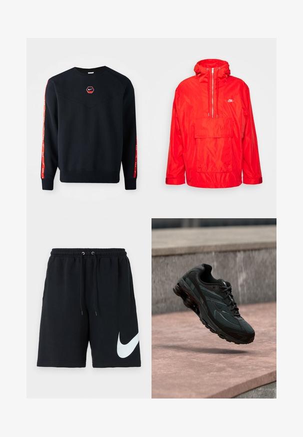 Červená vetrovka Nike s kapucňou, polovičný zips vpredu, veľká predná vrecko s klopou a nastaviteľné manžety.; Námornícky sveter s hexagonálnym červeným logom Nike na hrudi. Obsahuje červené akcenty pozdĺž rukávov a textúrovanú, jemnú tkaninu.; Čierne bavlnené šortky s elastickým pásom, šnúrkou, bočnými vreckami a veľkým bielym logom Nike potlačeným na ľavej strane.; Čierna atletická teniska s viditeľnou medzipodrážkou s air cushioning, ktorá visí nad ružovým kamenným povrchom s pozadím sivej kamennej steny.