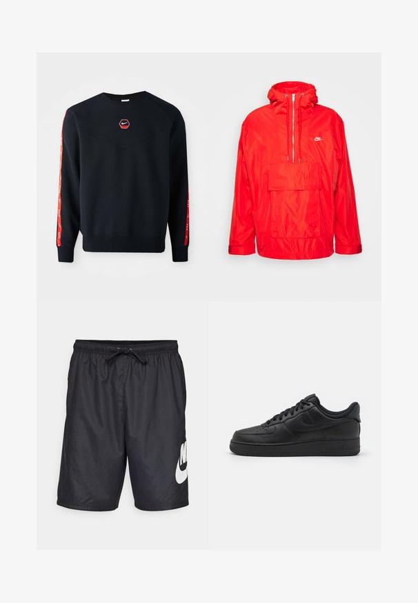 Červená vetrovka Nike s kapucňou, polovičný zips vpredu, veľká predná vrecko s klopou a nastaviteľné manžety.; Námornícky sveter s hexagonálnym červeným logom Nike na hrudi. Obsahuje červené akcenty pozdĺž rukávov a textúrovanú, jemnú tkaninu.; Čierne plavky vyrobené z ľahkého materiálu, s elastickým pásom a šnúrkou na stiahnutie, a veľkým bielym logom Nike na ľavej nohe.; Nike Sportswear AIR FORCE 1 07 FLYEASE - Tenisky - black