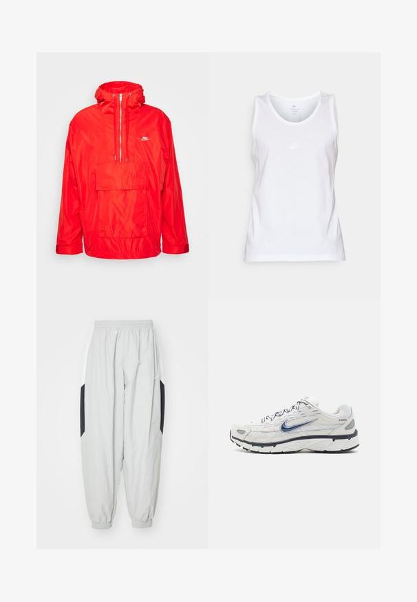 Κόκκινο μπουφάν windbreaker Nike με κουκούλα, μισό φερμουάρ μπροστά, μεγάλη μπροστινή τσέπη με καπάκι και ρυθμιζόμενους καρπούς.; Λευκό βαμβακερό αμάνικο μπλουζάκι με στρογγυλή λαιμόκοψη, χωρίς μανίκια, και ένα μικρό τονικό λογότυπο Nike στο μπροστινό μέρος. Λείος υφασμάτινος σχεδιασμός.; Ανοιχτό γκρι σορτς από ελαφρύ ύφασμα, με ελαστική μέση και μανσέτες, καθώς και αντίθετες μαύρες και λευκές πλαϊνές ρίγες.; Nike Sportswear P 6000 - Αθλητικά παπούτσια - phantom/obsidian/summit white/white/black/metallic silver