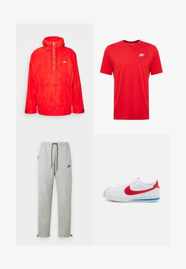 Rød Nike vindjakke med hætte, halv lynlås foran, stor forlomme med flap og justerbare manchetter.; Rød bomulds t-shirt med rund hals og korte ærmer, med et hvidt Nike-logo på venstre brystområde. Glat tekstur og afslappet design.; Grå Nike sweatpants med snøre i taljen, sidelommer og elastiske manchetter. Har en glat overflade og kontrastfarvet sort logo-detalje.; Hvide sneakers med røde accenter, der har et glat læderoverdel, rund tå og en blå sål. Snørebåndsdesign med synlige syninger.