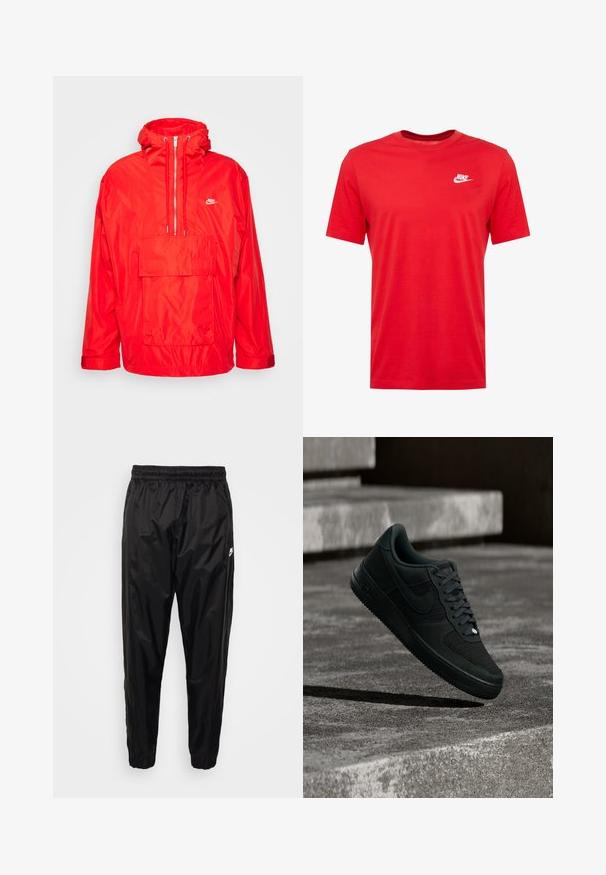 Červená vetrovka Nike s kapucňou, polovičný zips vpredu, veľká predná vrecko s klopou a nastaviteľné manžety.; Červené bavlnené tričko s krátkymi rukávmi a okrúhlym výstrihom, s bielym logom Nike v oblasti ľavého hrudníka. Hladká textúra a ležérny dizajn.; Čierne tréningové nohavice vyrobené z ľahkého, lesklého materiálu s elastickým pásom, zúženým strihom a zipsovými vreckami. Obsahujú logo ako akcent.; Čierna teniska Nike Air Force 1 s detailmi z textilu a kože vznášajúca sa nad štruktúrovanými betónovými schodmi pri tlmenom osvetlení.
