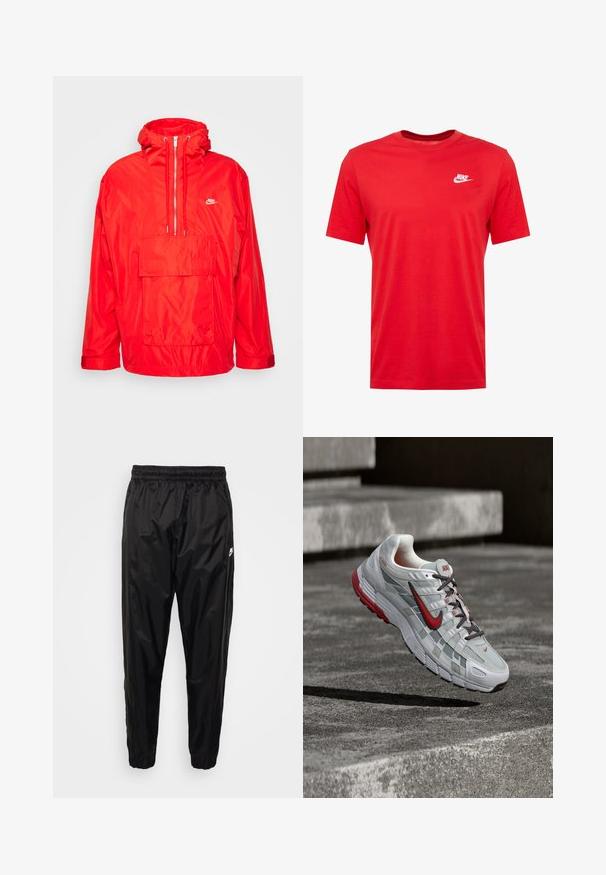 Punane Nike vihmamantel kapuutsiga, pooltõmblukuga esiosa, suur esikott flapi ja reguleeritavate mansettidega.; Punane puuvillane lühikeste varrukatega T-särk ümmarguse kaelusega, mille vasakul rinnal on valge Nike logo. Sile tekstuur ja juhuslik disain.; Kerged mustad spordipüksid, mis on valmistatud kergest ja läikivast materjalist, elastse vöökoha, kitseneva lõike ja lukuga taskutega. Omavad logomotiivi.; Valge ja hall Nike jooksujalats punaste detailide ning mustade paeltega, ripub hallide betoonsammude kohal.