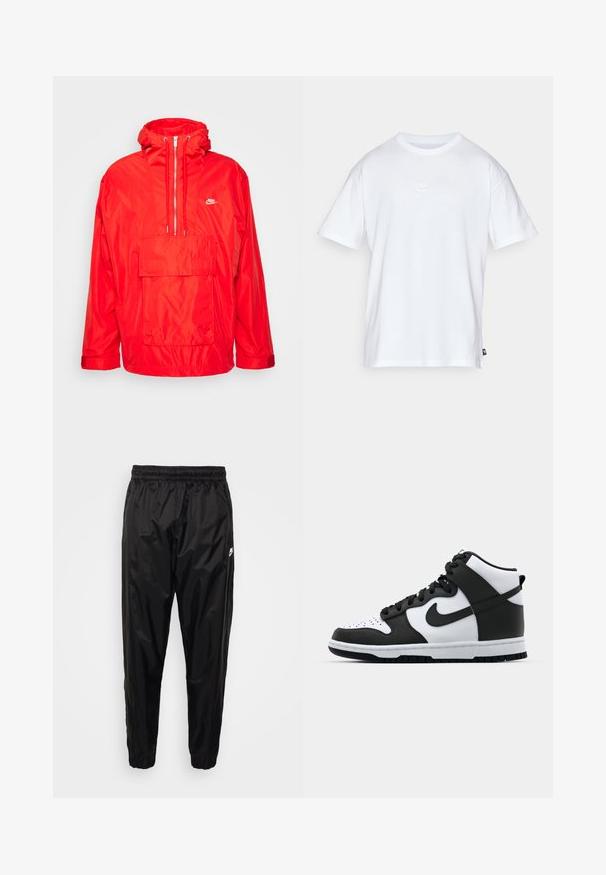 Rød Nike vindjakke med hætte, halv lynlås foran, stor forlomme med flap og justerbare manchetter.; Hvid bomulds T-shirt med korte ærmer og rund hals. Har et lille, diskret Nike-logo på brystet og et sidelabel.; Sorte træningsbukser lavet af let, skinnende materiale med elastisk talje, tætsiddende pasform og med lynlåslommer. Har et logo som accent.; Sort og hvid høj-top sneakers med læderoverdel, perforeret tåboks, fremtrædende swoosh-logo og struktureret gummisål.