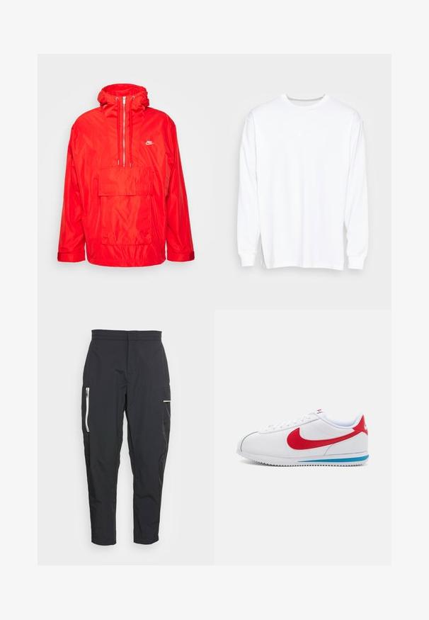 Chaqueta cortavientos roja de Nike con capucha, cierre semi-cremalleras en la parte delantera, gran bolsillo frontal con solapa y puños ajustables.; camiseta blanca de manga larga hecha de algodón, con cuello redondo, hombros caídos y un pequeño logo blanco en el pecho.; Pantalones cargo negros hechos de una tela ligera. Sus características incluyen bolsillos laterales con cremallera y un acento texturizado en el muslo. Ajuste entallado.; Zapatilla blanca con acentos rojos, con una parte superior de cuero suave, punta redonda y una suela azul. Diseño con cordones y detalles de costura visibles.