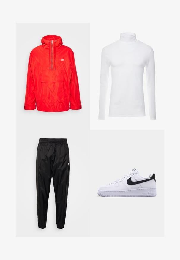 Červená vetrovka Nike s kapucňou, polovičný zips vpredu, veľká predná vrecko s klopou a nastaviteľné manžety.; Biele tričko s dlhým rukávom a rolákovým golierom, vyrobené z mäkkej, elastickej látky. Obsahuje vysoký golier a priliehavý strih, ktorý poskytuje štíhly siluetu.; Čierne tréningové nohavice vyrobené z ľahkého, lesklého materiálu s elastickým pásom, zúženým strihom a zipsovými vreckami. Obsahujú logo ako akcent.; Biele kožené tenisky s textúrovaným čiernym Swooshom, plochými šnúrkami a gumovou podrážkou s ryhovaným vzorom. Na päte je embosovaný nápis "AIR".