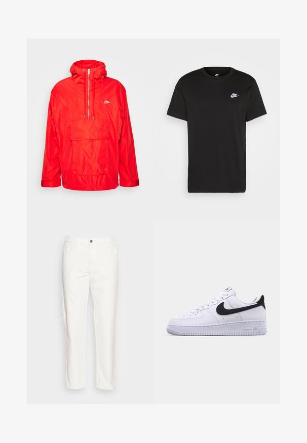 Piros Nike szélálló dzseki kapucnival, félig cipzáros elülső résszel, nagy elülső zsebbel, amely fedéllel rendelkezik, és állítható mandzsettákkal.; Fekete pamut póló rövid ujjakkal, kerek nyakkivágással és egy kicsi fehér Nike logóval a bal felső mellkason. Sima tapintású. Klasszikus szabás.; Fehér pamut nadrág egyenes szárazzal, elülső zsebekkel, egy gombos záródással és puha textúrával.; Fehér bőr sneaker texturált fekete Swooshal, lapos fűzőkkel és bordázott mintázatú gumitalppal. Az „AIR” felirat a saroknál van belefogva.