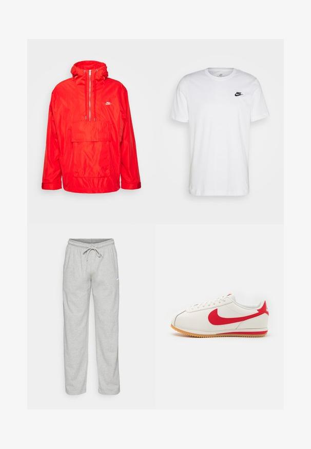 Rote Nike Windbreaker-Jacke mit Kapuze, halblangem Reißverschluss auf der Vorderseite, großer Fronttasche mit Klappe und verstellbaren Bündchen.; Weißes Baumwoll-T-Shirt mit Rundhalsausschnitt, kurzen Ärmeln und einem schwarzen Nike-Logo auf der linken Brust. Einfaches, einfarbiges Design.; Helle graue Sweatpants aus weichem Stoff. Mit einem elastischen Bund und Kordelzug sowie dem schwarzen Nike-Logo auf dem linken Oberschenkel.; Weiße Ledersneaker mit roten Akzenten, runder Zehenpartie, strukturiertem roten Swoosh, weißen Schnürsenkeln und einer Gummisohle mit gezackten Kanten.