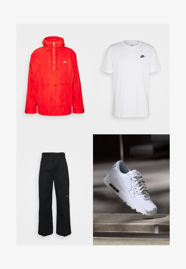 Rode Nike windbreaker jas met capuchon, half-rits voorkant, grote voorkeurszak met klep en verstelbare manchetten.; Witte katoenen t-shirt met ronde hals, korte mouwen en een zwart Nike-logo op de linkerkant van de borst. Eenvoudig, effen kleur ontwerp.; Zwarte broek gemaakt van stevig stof, met een rechte pijpvorm, riemlussen en een klein logo aan de onderzijde.; Witte leren sneaker met gestructureerde oppervlakken, gevoerde kraag en zichtbare luchtbescherming in de zool. Heeft veters en een minimalistisch ontwerp.