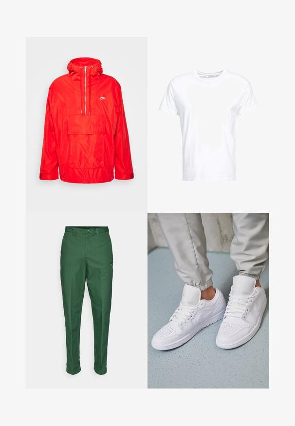Rød Nike vindjakke med hætte, halv lynlås foran, stor forlomme med flap og justerbare manchetter.; Hvid bomulds t-shirt med rund halsudskæring og korte ærmer, i en klassisk pasform og glat tekstur. Ingen mønstre eller hardware synlige.; Grønne bukser lavet af et glat stof, med en standard pasform, flad front og en lille logoaccent nær taljen.; Hvide lædersneakers har en perforeret tåboks, flade snørebånd, polstret krave og Jordan-logoet på tungen. Båret med grå joggers.