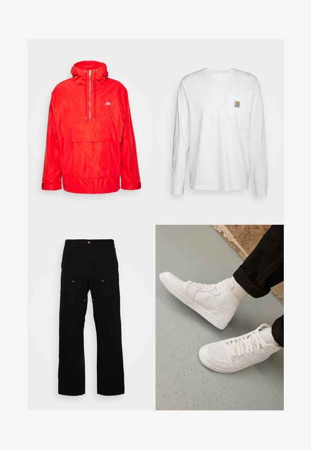 Rød Nike vindjakke med hætte, halv lynlås foran, stor forlomme med flap og justerbare manchetter.; Langærmet hvid skjorte lavet af bomuld, med en brystlomme og et kvadratisk logomærke. Simpelt design med rund udskæring og manchetter.; Sorte denimbukser med lige ben, udstyret med guld hardware-detaljer og synlige syninger på for- og baglommer.; Hvide høj-top sneakers lavet af glat læder med perforeret tå, snørelukning og subtil logo detaljer på siden. Tekstureret gummisål.