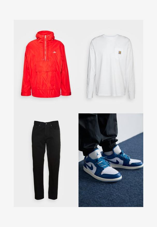 Chaqueta cortavientos roja de Nike con capucha, cierre semi-cremalleras en la parte delantera, gran bolsillo frontal con solapa y puños ajustables.; Camisa blanca de manga larga hecha de algodón, con un bolsillo en el pecho que lleva un parche de logo cuadrado. Diseño sencillo con escote redondeado y mangas con puños.; Jeans negros ajustados con cierre de botón frontal y diseño de cinco bolsillos, mostrados sobre un fondo gris claro liso.; Las zapatillas Nike Air Jordan cuentan con una base de cuero blanco con acentos sintéticos azules, una caja de dedos perforada y cordones azules.