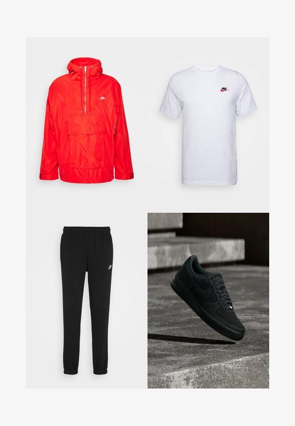 Rød Nike vindjakke med hætte, halv lynlås foran, stor forlomme med flap og justerbare manchetter.; Hvid kortærmet t-shirt lavet af bomuld, med et lille rødt og sort Nike-logo på venstre bryst. Normal pasform, rund halsudskæring.; Sorte sweatpants med elastisk talje, ribbede ankler og et lille hvidt Nike-logo på venstre side. Fremstillet af blødt strukturstof.; Sort Nike Air Force 1 sportssko med mesh- og lærdetaljer, svævende over strukturerede betontrapper i dæmpet belysning.