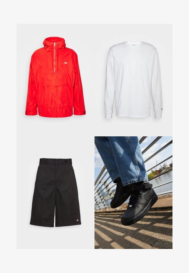 Rød Nike vindjakke med hætte, halv lynlås foran, stor forlomme med flap og justerbare manchetter.; Hvid langærmet T-shirt lavet af bomuld. Rund halsudskæring med ribbede manchetter og et lille logo på venstre ærme. Glat tekstur.; Sort bomuldsbukser med lige snit, knælange, med et synligt mærkelogo på kanten og en glat overflade.; Sorte Nike Air Force 1 sneakers med læderoverdel, mesh-tunge og gummisål, der har et høj-top design og tykke snørebånd.