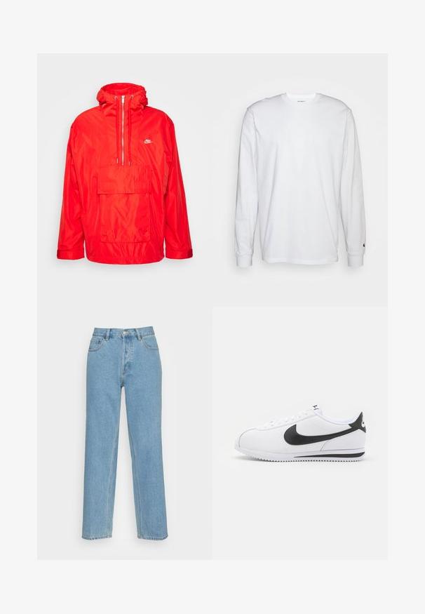 Rote Nike Windbreaker-Jacke mit Kapuze, halblangem Reißverschluss auf der Vorderseite, großer Fronttasche mit Klappe und verstellbaren Bündchen.; Weißes Langarm-T-Shirt aus Baumwolle. Rundhals-Design mit gerippten Bündchen und kleinem Logo auf dem linken Ärmel. Glatte Textur.; Helle blaue gerade geschnittene Jeans aus Denim mit einem klassischen Fünf-Taschen-Design, einem vorderen Knopfverschluss und sichtbaren Nähdetails.; Weiße Ledersneaker mit schwarzem Nike-Swoosh, flachen Schnürsenkeln und strukturiertem Gummisohlen. Abgerundete Zehenpartie und gepolsterter Kragen für zusätzlichen Komfort.