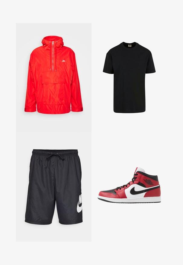 Rote Nike Windbreaker-Jacke mit Kapuze, halblangem Reißverschluss auf der Vorderseite, großer Fronttasche mit Klappe und verstellbaren Bündchen.; Urban Classics SHORTSLEEVE - T-Shirt basic - black; Schwarze Badehorts aus leichtem Material, ausgestattet mit einem elastischen Bund und Kordelzug sowie einem großen weißen Nike-Logo am linken Bein.; Jordan AIR JORDAN 1 MID - Sneaker high - black/gym red