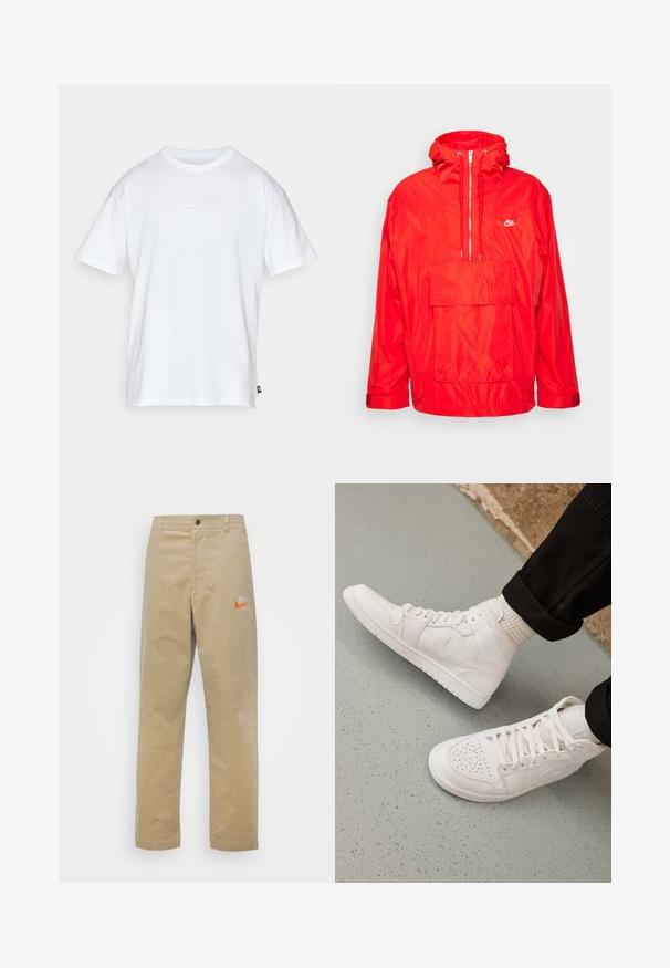 Rote Nike Windbreaker-Jacke mit Kapuze, halblangem Reißverschluss auf der Vorderseite, großer Fronttasche mit Klappe und verstellbaren Bündchen.; Weißes Baumwoll-T-Shirt mit kurzen Ärmeln und Rundhalsausschnitt. Verfügt über ein kleines, dezentes Nike-Logo auf der Brust und ein seitliches Etikett.; Nike Sportswear TREND PANT - Stoffhose - khaki/team orange/khaki; Weisse High-Top-Sneaker aus glattem Leder mit perforierter Zehenpartie, Schnürverschluß und dezentem Logodetail an der Seite. Strukturierte Gummisohle.