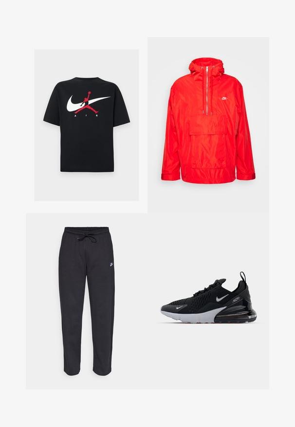 Veste coupe-vent Nike rouge avec capuche, front zippé à mi-longueur, grande poche avant avec rabat et poignets ajustables.; T-shirt en coton noir à col rond, avec un grand logo Nike swoosh blanc et un logo Jumpman rouge accompagné du texte "AIR" en blanc.; Pantalons de survêtement noirs en tissu doux, avec une taille élastique, un cordon de serrage et un petit logo Nike sur la cuisse gauche.; Chaussure de sport noire avec tige en mesh, semelle intermédiaire blanche et amorti visible dans le talon. Design élégant avec de subtils accents argentés.
