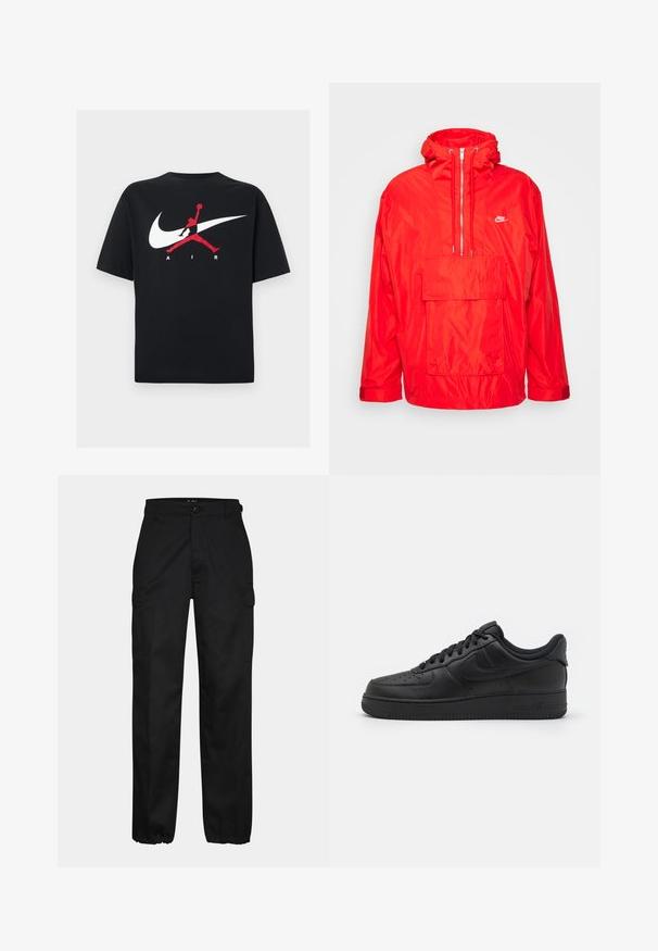 Veste coupe-vent Nike rouge avec capuche, front zippé à mi-longueur, grande poche avant avec rabat et poignets ajustables.; T-shirt en coton noir à col rond, avec un grand logo Nike swoosh blanc et un logo Jumpman rouge accompagné du texte "AIR" en blanc.; Pantalons cargo noirs avec une coupe droite, dotés de poches latérales, d'une fermeture à bouton et de poignets élastiques aux chevilles. Fabriqués en tissu résistant.; Nike Sportswear AIR FORCE 1 07 FLYEASE - Baskets basses - black