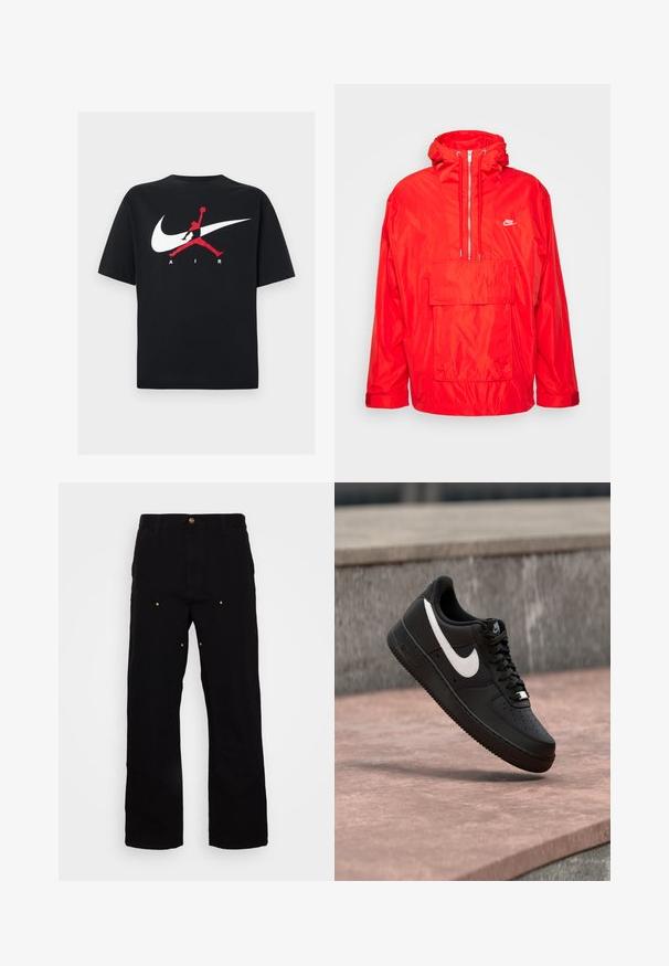 Veste coupe-vent Nike rouge avec capuche, front zippé à mi-longueur, grande poche avant avec rabat et poignets ajustables.; T-shirt en coton noir à col rond, avec un grand logo Nike swoosh blanc et un logo Jumpman rouge accompagné du texte "AIR" en blanc.; Pantalons en denim noir avec une coupe droite, présentant des accents en métal doré et des coutures visibles sur les poches avant et arrière.; Basket Nike Air Force 1 noire avec logo swoosh blanc flottant au-dessus d'une surface en pierre et d'un mur texturé gris en arrière-plan.