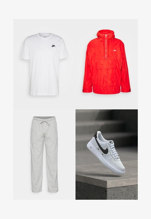 Rød Nike vindjakke med hætte, halv lynlås foran, stor forlomme med flap og justerbare manchetter.; Hvid bomulds T-shirt med rund hals, korte ærmer og et sort Nike-logo på venstre bryst. Enkel, ensfarvet design.; Lys grå sweatpants lavet af blødt stof. Har en elastisk talje med snøre og Nike-logo i sort på venstre lår.; Hvid Nike Air Force 1 sneaker med sort swoosh-logo, svævende over en betonforkant med slørede trapper i baggrunden.