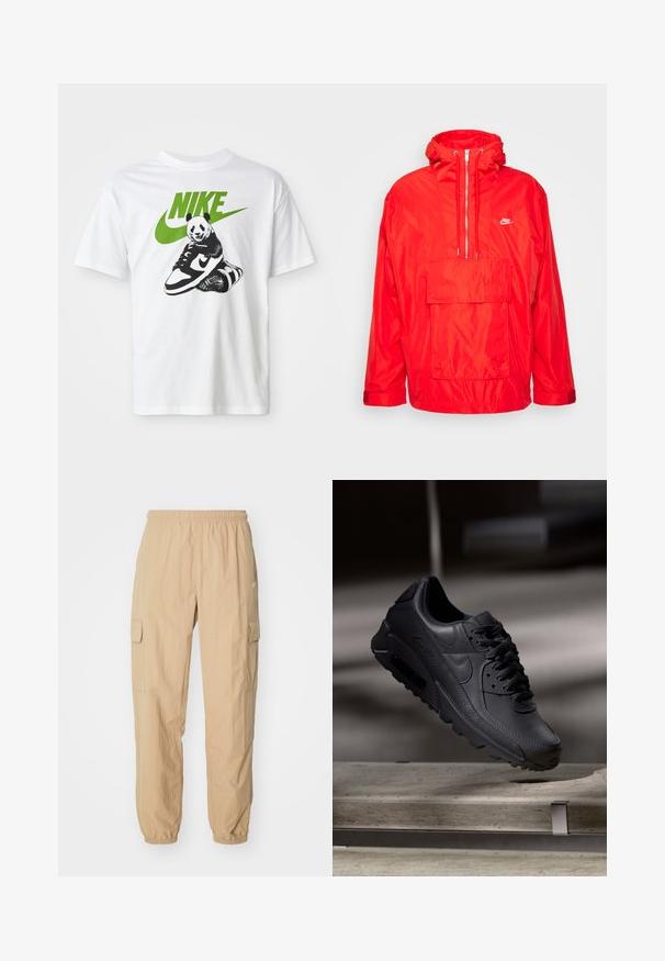 Rote Nike Windbreaker-Jacke mit Kapuze, halblangem Reißverschluss auf der Vorderseite, großer Fronttasche mit Klappe und verstellbaren Bündchen.; Weißes Baumwoll-T-Shirt mit einem schwarz-weißen Panda-Graphic, der einen Nike-Sneaker hält, mit einem grünen Nike-Logo darüber.; Beige Cargo-Hosen aus leichtem Stoff, mit einem elastischen Bund, zwei Seitentaschen und elastischen Bündchen an den Knöcheln.; Schwarze Nike Air Max Sneaker mit einem strukturierten Leder-Obermaterial, Gummisohle und auffälligem Schnürsystem, das ein schlankes, modernes Design präsentiert.