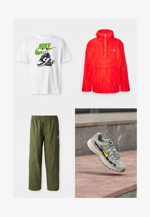 Červená vetrovka Nike s kapucňou, polovičný zips vpredu, veľká predná vrecko s klopou a nastaviteľné manžety.; Biela bavlnená tričko s čierno-bielou grafikou pandy, ktorá drží tenisku Nike, s zeleným logom Nike hore.; Nike cargo nohavice v tmavej olivovej farbe, ktoré majú elastický pás, dve bočné vrecká a hladkú, ľahkú tkaninu.; Sivá bežecká obuv Nike s čiernymi a neónovo žltými akcentmi, visiaca vo vzduchu nad textúrovaným betónovým povrchom.