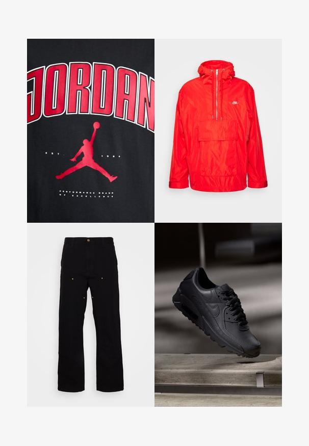 Chaqueta cortavientos roja de Nike con capucha, cierre semi-cremalleras en la parte delantera, gran bolsillo frontal con solapa y puños ajustables.; Camiseta negra con el texto en rojo "JORDAN" en negrita, la silueta de una figura saltando y "EST. 1984" en blanco debajo del gráfico.; Pantalones de mezclilla negros con un diseño de pierna recta, que presentan acentos de hardware dorado y costuras visibles en los bolsillos delantero y trasero.; Zapatillas Nike Air Max negras con parte superior de cuero texturizado, suela de goma y un sistema de cordones prominente, que muestran un diseño elegante y moderno.
