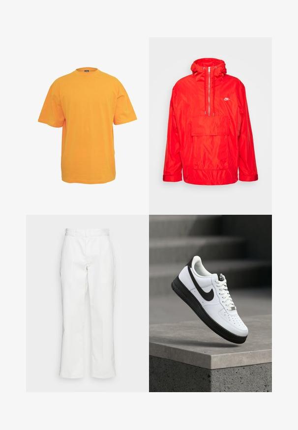 Rote Nike Windbreaker-Jacke mit Kapuze, halblangem Reißverschluss auf der Vorderseite, großer Fronttasche mit Klappe und verstellbaren Bündchen.; Oranges Baumwoll-T-Shirt mit rundem Halsausschnitt, kurzen Ärmeln und lockerer Passform. Keine Muster oder Akzente. Glatte Textur.; Weiße Baumwollhosen mit geradem Bein, Gürtelschlaufen und Seitentaschen, mit einer glatten Textur und minimaler Ausgestaltung.; Weißer Ledersneaker mit schwarzen Akzenten, abgerundetem Zehenbereich und perforierten Details. Schwarze Gummisohle mit strukturiertem Muster und Schnürverschluss.