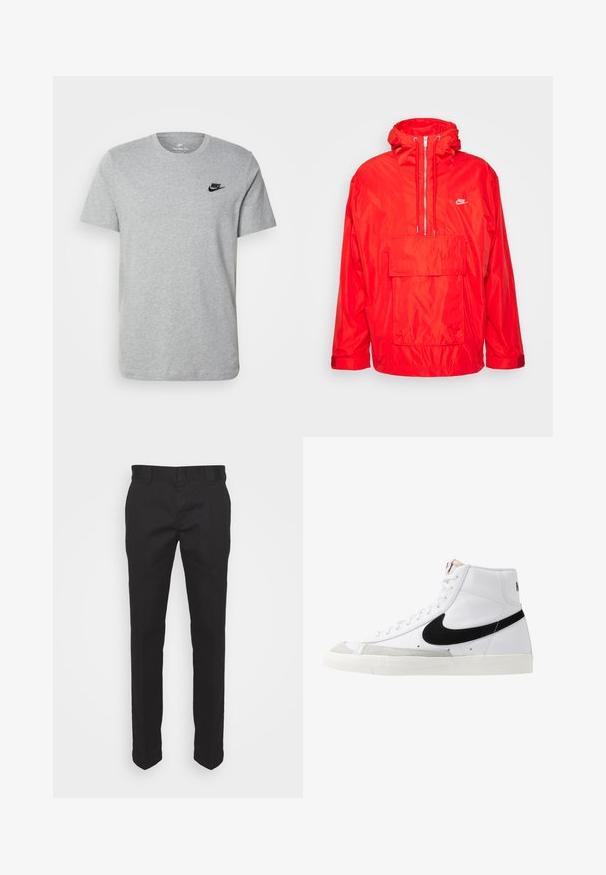 Chaqueta cortavientos roja de Nike con capucha, cierre semi-cremalleras en la parte delantera, gran bolsillo frontal con solapa y puños ajustables.; Camiseta de manga corta gris de algodón, con un logo negro de Nike en el pecho y un cuello redondo. Diseño minimalista sin patrones.; Chinos negros fabricados en mezcla de algodón, con un diseño de pierna recta, una textura suave y presillas de cinturón estándar. Sin patrones ni acentos visibles.; Zapatillas altas blancas con un swoosh negro, una puntera texturizada en gris y suela plana blanca. Presenta seis ojales y acentos cosidos.