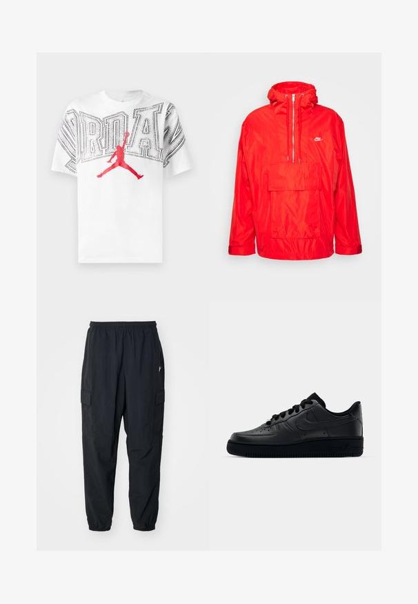 Κόκκινο μπουφάν windbreaker Nike με κουκούλα, μισό φερμουάρ μπροστά, μεγάλη μπροστινή τσέπη με καπάκι και ρυθμιζόμενους καρπούς.; Λευκό βαμβακερό μπλουζάκι με μεγάλα, μαύρα περίγραμμα της λέξης "JORDAN" και μια κόκκινη σιλουέτα "Jumpman" στο κέντρο.; Μαύρο cargo παντελόνι από ελαφρύ υλικό, με ελαστική μέση, πλαϊνές τσέπες και χαλαρή εφαρμογή με ελαστικά μπατζάκια.; Μαύρο παπούτσι Nike Air Force 1 με λείο δερμάτινο άνω μέρος, τρυπητή μύτη για αναπνοή, μαύρες κορδόνες και υφή ελαστικής σόλας.