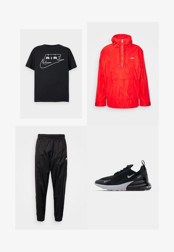 Rød Nike vindjakke med hætte, halv lynlås foran, stor forlomme med flap og justerbare manchetter.; Sort kortærmet T-shirt med fed hvid stiliseret "AIR" tekst og et swoosh-logo over brystet på en ensfarvet baggrund.; Sorte træningsbukser lavet af let, skinnende materiale med elastisk talje, tætsiddende pasform og med lynlåslommer. Har et logo som accent.; Sort atletiksko med mesh-overdel, hvid sål og synlig luftdæmpning i hælen. Slank design med diskrete sølvdetaljer.