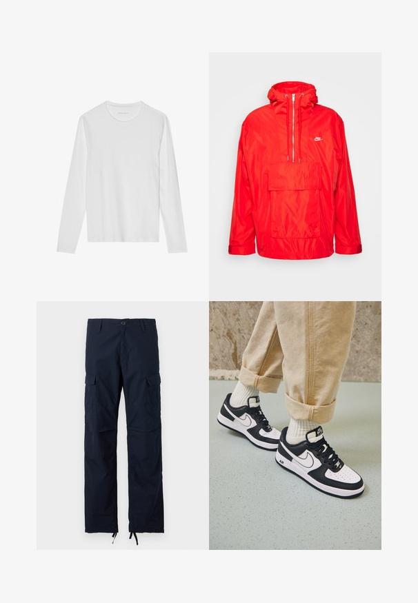 Rød Nike vindjakke med hætte, halv lynlås foran, stor forlomme med flap og justerbare manchetter.; Langærmet hvid T-shirt lavet af blød bomuld, med rund halsudskæring og en glat tekstur uden synlige mønstre eller accenter.; Navy cargobukser med knaplukning, bæltestropper, sidelommer med klap og justerbare snore forneden ved anklerne.; Sorte og hvide Nike Air Force 1 sneakers med læderoverdel, perforeret tå og tekstureret såldetalje, båret med rullede beige bukser og hvide sokker.