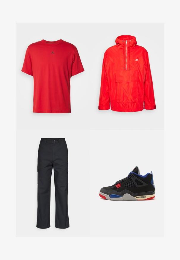 Červená vetrovka Nike s kapucňou, polovičný zips vpredu, veľká predná vrecko s klopou a nastaviteľné manžety.; Červené bavlnené tričko s krátkym rukávom, okrúhlym výstrihom a malým čiernym logom Jordan na hrudi, s rovnou dolnou líniou.; Čierne cargo nohavice so strihom rovného nohavca, s bočnými vreckami a textúrovanou tkaninou. Zapínanie na gombík v páse pre bezpečné nosenie.; Jordan AIR JORDAN 4 RETRO - Vysoké tenisky - black/fire red/deep royal blue/dark smoke grey/tech grey