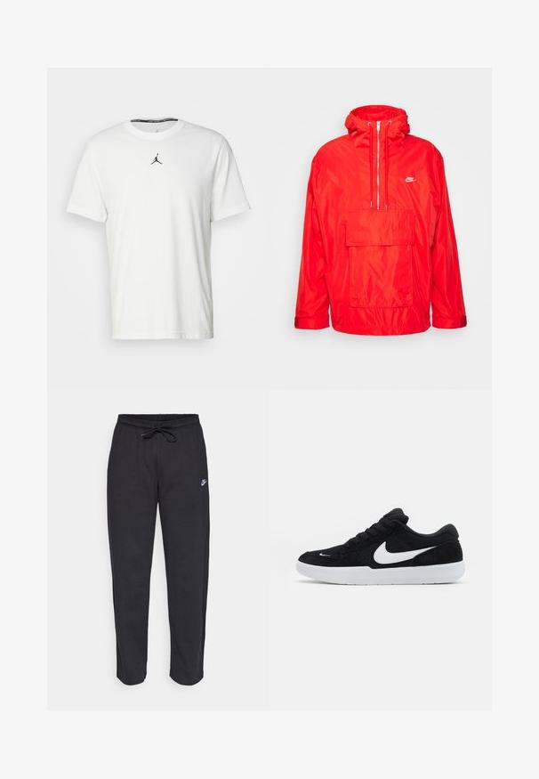 Červená vetrovka Nike s kapucňou, polovičný zips vpredu, veľká predná vrecko s klopou a nastaviteľné manžety.; Biely tričko s krátkymi rukávmi vyrobené z bavlny, so siluetou čierneho Jumpman loga na hrudi a okrúhlym výstrihom s čiernou vnútornou etiketou.; Čierne tepláky vyrobené z mäkkej tkaniny s elastickým pásom, sťahovacou šnúrkou a malým logom Nike na ľavom stehne.; Čierne semišové tenisky s bielymi akcentmi, so zaoblenou špičkou, hrubou bielou podrážkou a čiernymi šnúrkami. Výrazné biele logo Nike na boku.