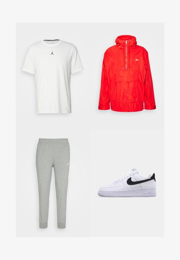 Červená vetrovka Nike s kapucňou, polovičný zips vpredu, veľká predná vrecko s klopou a nastaviteľné manžety.; Biely tričko s krátkymi rukávmi vyrobené z bavlny, so siluetou čierneho Jumpman loga na hrudi a okrúhlym výstrihom s čiernou vnútornou etiketou.; Šedé tepláky z jemnej látky s úzkym strihom, elastickým pásom a malým bielym logom Nike na ľavom stehne.; Biele kožené tenisky s textúrovaným čiernym Swooshom, plochými šnúrkami a gumovou podrážkou s ryhovaným vzorom. Na päte je embosovaný nápis "AIR".
