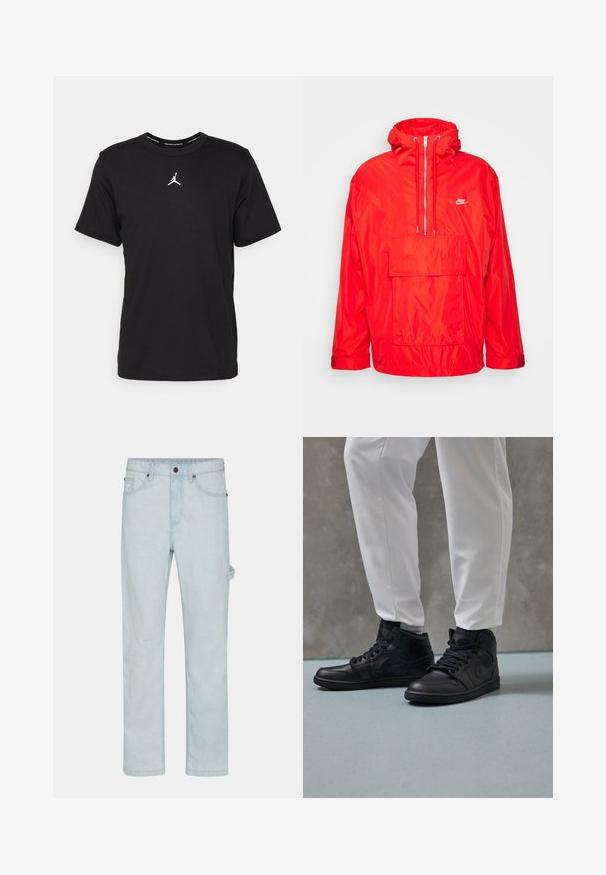 Červená vetrovka Nike s kapucňou, polovičný zips vpredu, veľká predná vrecko s klopou a nastaviteľné manžety.; Čierne bavlnené tričko s krátkymi rukávmi, okrúhlym výstrihom, s bielym logom Jumpman na strede hrudníka a hladkou, ľahkou textúrou.; Svetlomodré džínsy, rovný strih, s gombíkovým zapínaním, piatimi vreckami a detailmi na bočnom pásiku pre väčšiu funkčnosť.; Čierne vysoké tenisky zo hladkej kože, okrúhla špička a šnurovanie; v kombinácii s bielymi zúženými nohavicami, vystavené na textúrovanej podlahe.