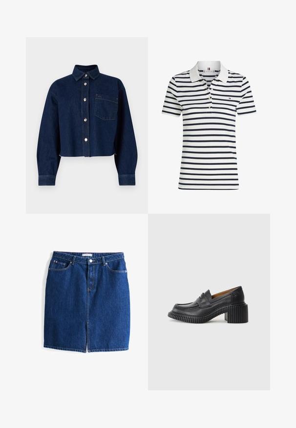 Donkerblauwe denim cropped jasje met knopenluiting, puntige kraag, lange mouwen en een voorzak. Voorzien van metalen knopen en stiksels.; Wit poloshirt met korte mouwen, marineblauwe horizontale strepen, witte kraag, knoopsluiting en klein logo op de linkerborst.; Denim rok in een donkerblauwe kleur, met een knoopsluiting aan de voorkant en twee zakken. Het heeft een rechte vorm en is op knielengte.; Zwarte leren instappers met een dikke, geribbelde rubberen hak. Voorzien van een ronde neus en een horizontale band over de wreef. Textuurondergrond.