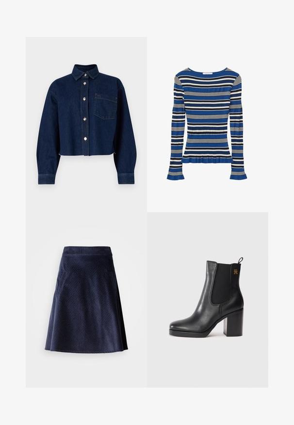 Donkerblauwe denim cropped jasje met knopenluiting, puntige kraag, lange mouwen en een voorzak. Voorzien van metalen knopen en stiksels.; Ribgebreide top met lange mouwen en horizontale blauwe, zwarte en witte strepen, met lichte ruches aan de manchetten en zoom.; Marine corduroy rok met een uitlopende vorm, voorzien van een diagonale ribstructuur en twee zijzakken. Kortere zoom met een rafelige rand.; Zwarte leren enkellaars met blokhak, elastieken zijpaneel, trekband en een klein gouden logo aan de bovenkant.