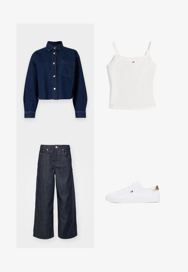 Mørkeblå denim cropped jakke med knaplukning, spidse kraver, lange ærmer og en forlomme. Har metalknapper og sømdetaljer.; Simpel hvid tanktop med spaghetti-stropper og lille rektangulært logo centreret nær halsudskæringen.; Mørkeblå vide jeans i denim med frontlukning med knap og lynlås, bæltestropper og fem lomme-design på en hvid baggrund.; Hvide kanvas sneakers med rund tå, snørebånd fortil, og et gyldent detalje på hælen. Har et lille emblem på siden.