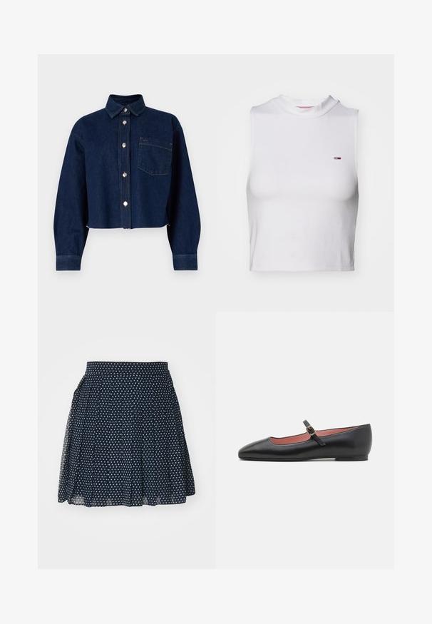 Mørkeblå denim cropped jakke med knaplukning, spidse kraver, lange ærmer og en forlomme. Har metalknapper og sømdetaljer.; Hvid cropped tanktop med høj hals, lavet af blød bomuld, med et lille klassisk logo på venstre bryst. Minimalistisk design.; Marine nederdel med små hvide stjerner, plisseret design, høj talje og let stof der giver fri bevægelighed.; Sorte lædersandaler med spids tå og ankelrem, der har en gylden spænde. Glat tekstur med en let blank finish.